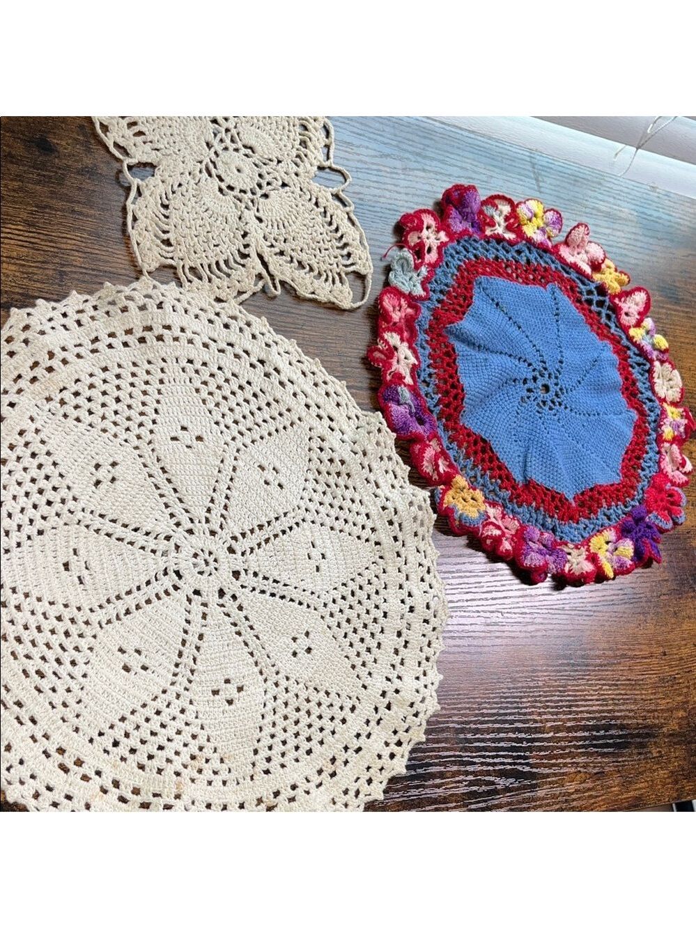 Vintage 70s Handmade Crocheted Doilies Centerpieces Butterflies Rainbows